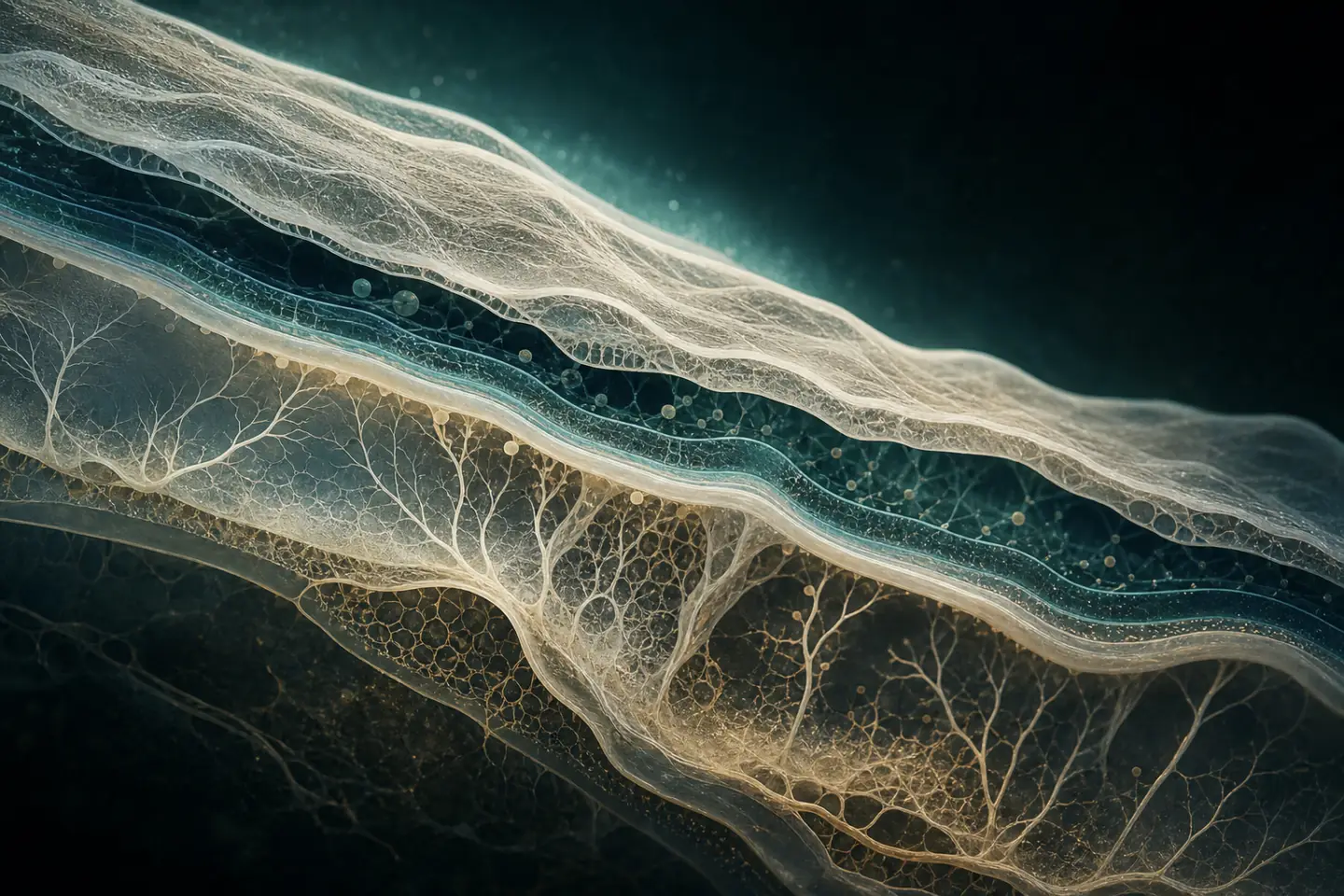 Conceptual layers of translucent tissue-like membranes and branching structures