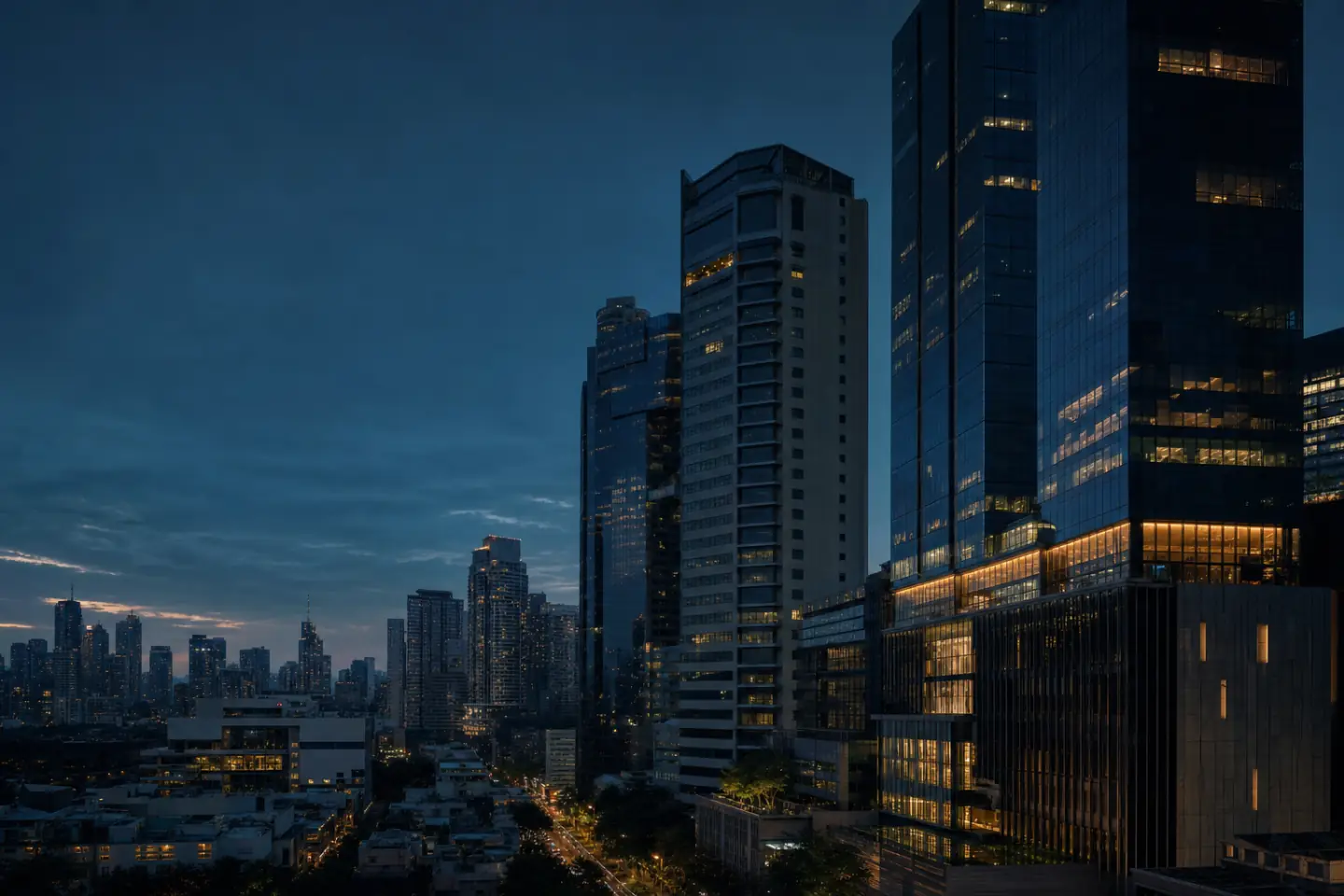 Conceptual editorial view of Makati architecture at blue hour