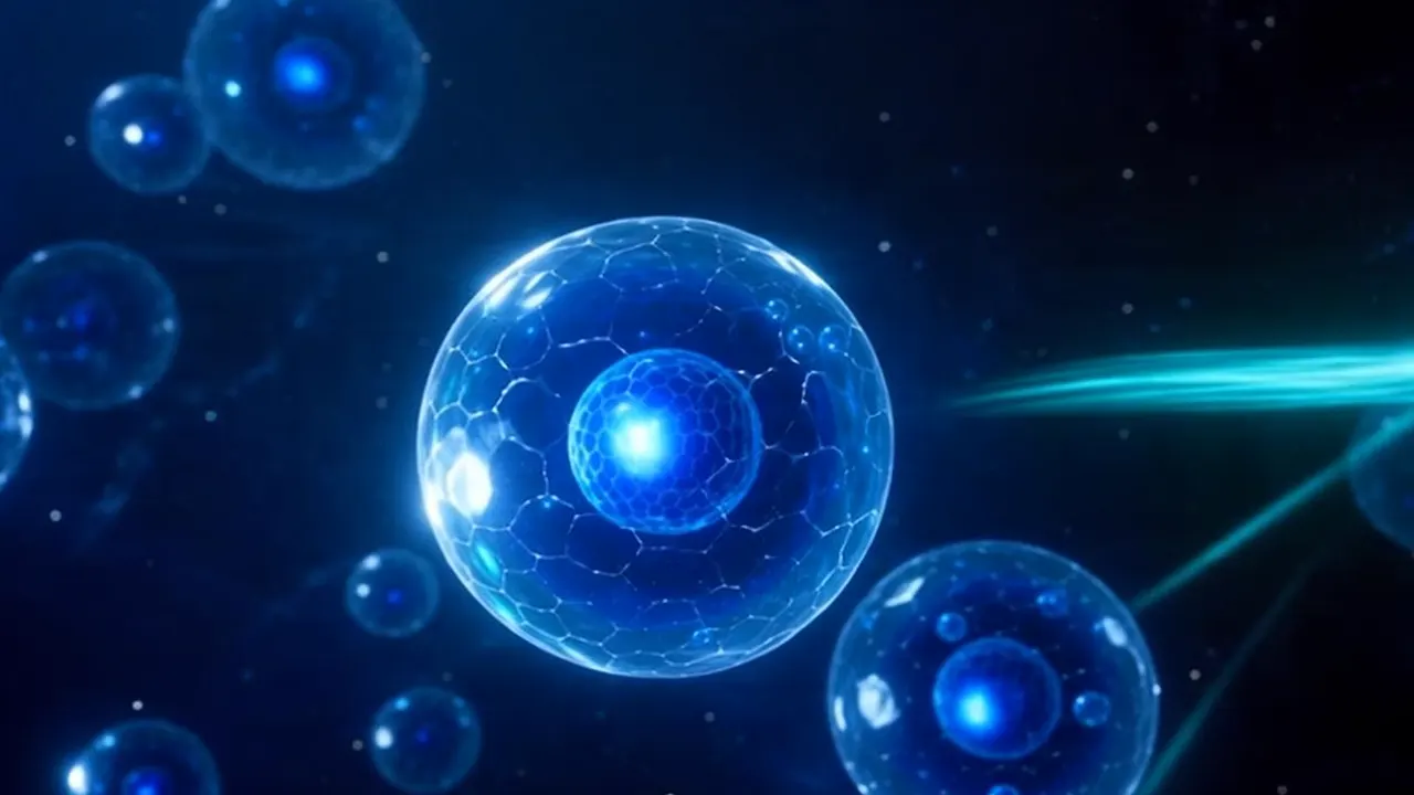 Abstract translucent cellular structure in deep blue space.